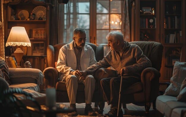 A warm and supportive in-home care scene where a caregiver is helping a senior gentleman with his medication, in a comfortable and familiar home setting.