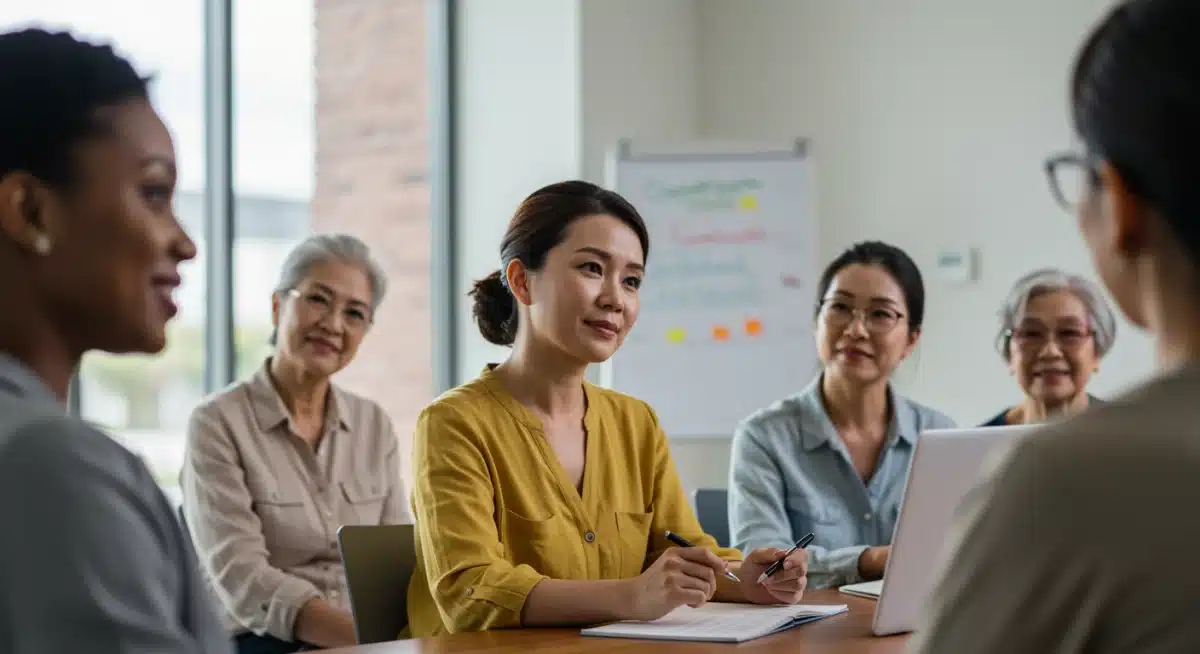 Caregivers in a support group discussing federal aid options