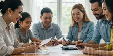Families happily reviewing tax documents, symbolizing financial planning and EITC benefits.