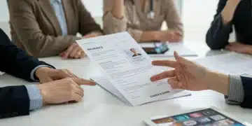 Diverse group discussing mental health insurance documents and digital resources