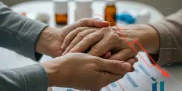 Hands of an elderly person and a caregiver, surrounded by medical supplies and a financial graph showing savings.