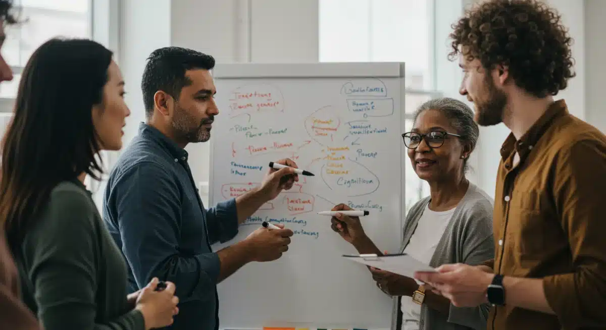 Diverse group collaborating, fostering community for mental resilience