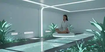 Person meditating for mental resilience in futuristic setting, 2025