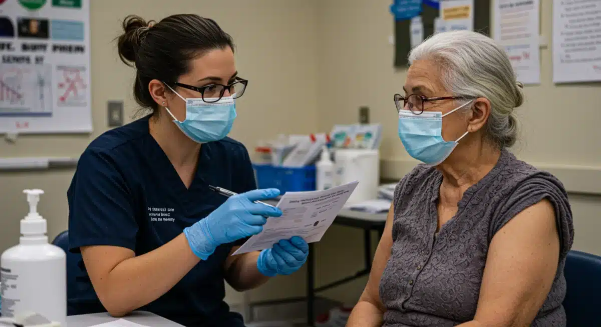 Healthcare worker discussing vaccine benefits with an elderly woman in a clinic.