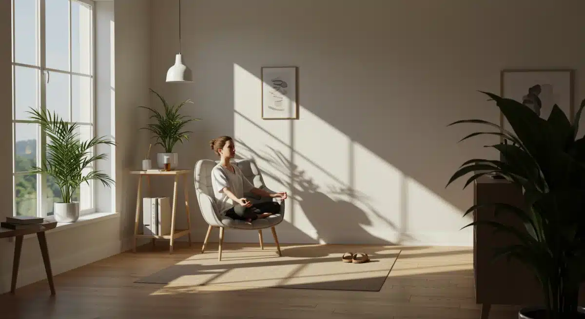 Person meditating in a calm home office, practicing mindful self-care