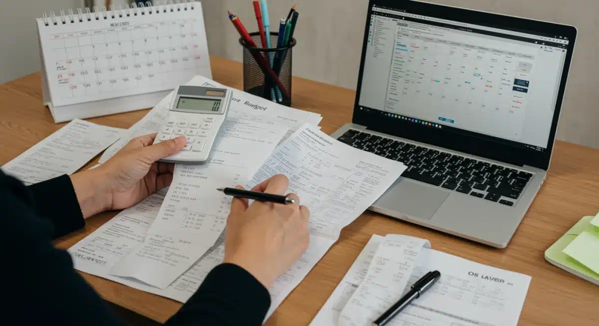 Caregiver reviewing medical supply invoices and budget on a laptop, calculating potential savings.