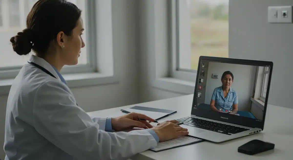 Doctor consults with rural patient via telehealth on laptop, illustrating remote healthcare.