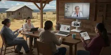 Rural community members engaging with telehealth services on laptops and smartphones, connecting with doctors.
