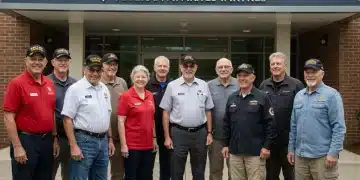 Veterans smiling in front of a modern VA facility entrance, symbolizing enhanced benefits