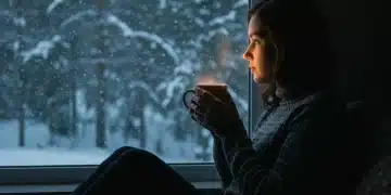 Woman finding comfort in winter light