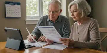 Senior couple reviewing 2025 Medicare documents on a tablet, planning for healthcare costs.