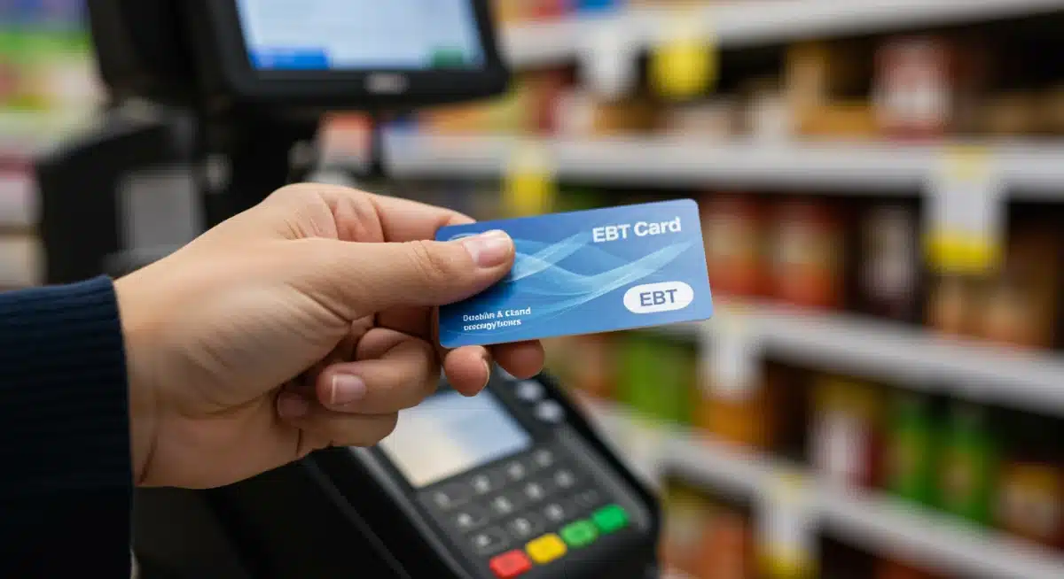 Hand holding EBT card at grocery store terminal