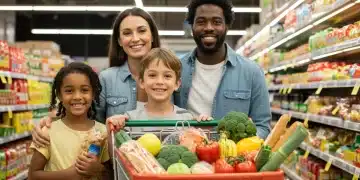 Happy family grocery shopping with full cart