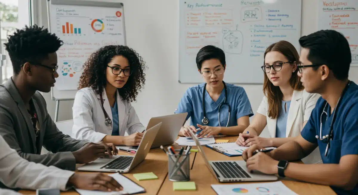 Healthcare professionals collaborating on public health program strategies and data review