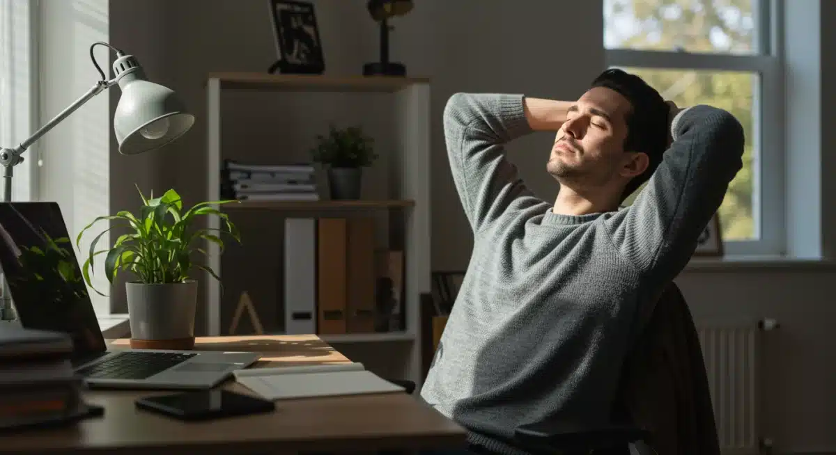 Professional taking a mindful break at their desk to prevent burnout