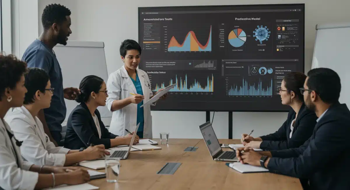 Public health professionals analyzing data visualizations in a collaborative meeting