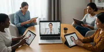 Diverse individuals connecting with mental health professionals via telehealth platforms, symbolizing increased access to care.