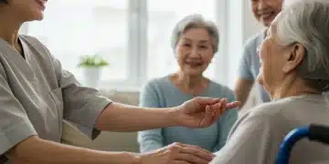 Caregiver assisting elderly person, family relief, quality care