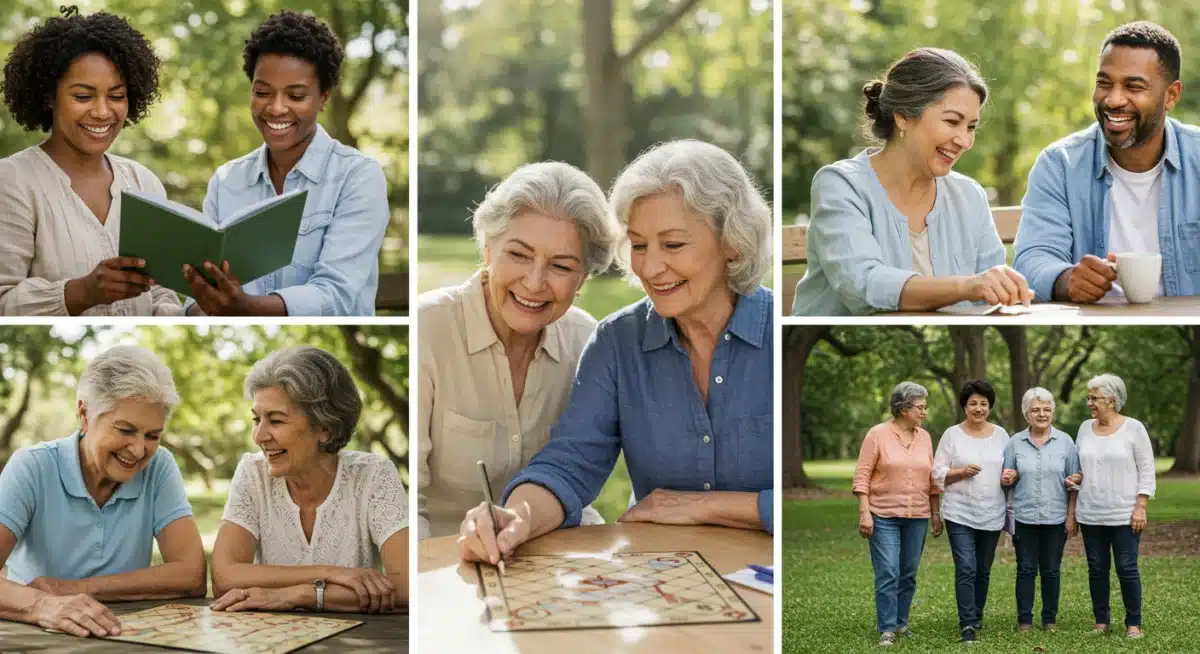 Diverse group of caregivers and care recipients engaging in supportive activities