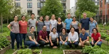 Diverse community members engaging in a vibrant outdoor garden project