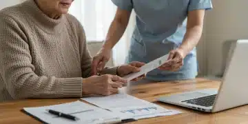 Family caregiver helping elderly parent with financial documents and laptop for tax planning.