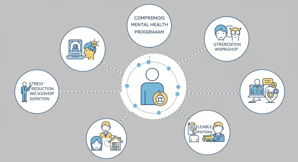 Infographic showing comprehensive mental health support program elements