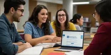 College students discussing federal student aid applications on a laptop