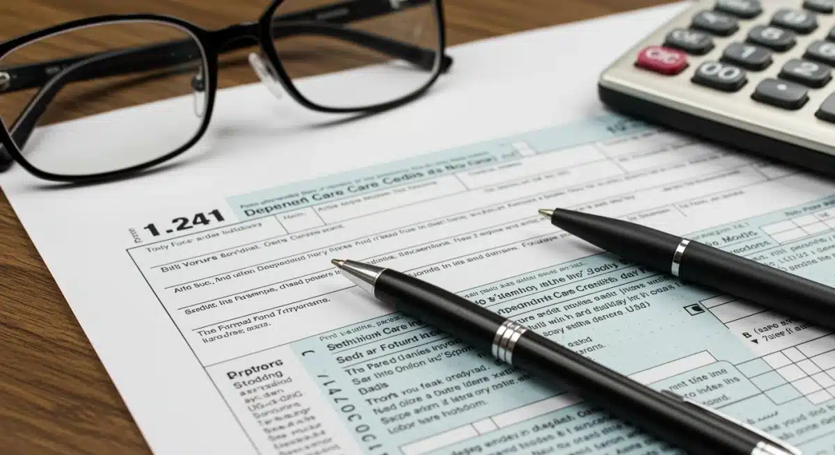 Close-up of tax form for dependent care credit with pen and calculator.