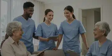 Smiling caregivers using digital tools to assist elderly individuals in a modern home environment, showcasing advanced caregiver technology.