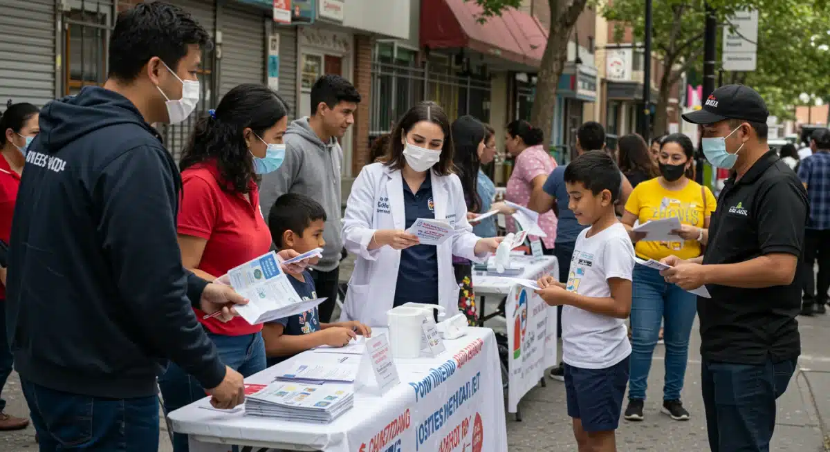 Community health workers engaging with diverse residents at an outreach event.