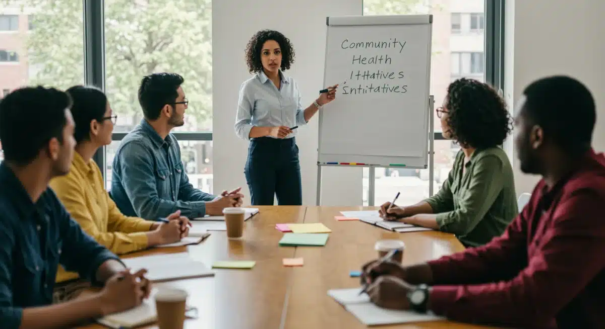 Diverse community members and stakeholders collaborating in a meeting on public health initiatives.