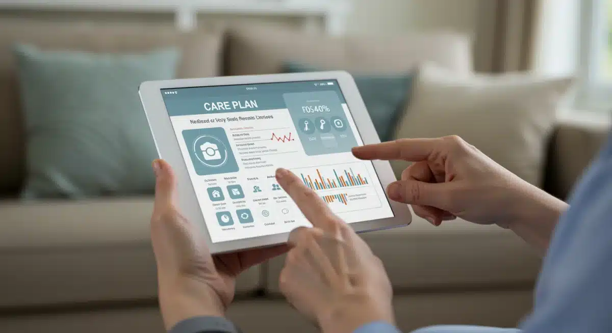Caregiver using a tablet to manage care plans and medication schedules, highlighting digital care management.
