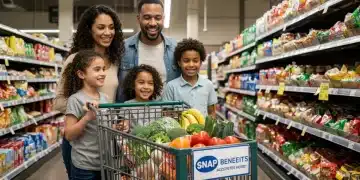 Happy family with full grocery cart, symbolizing successful SNAP benefits application and food security.