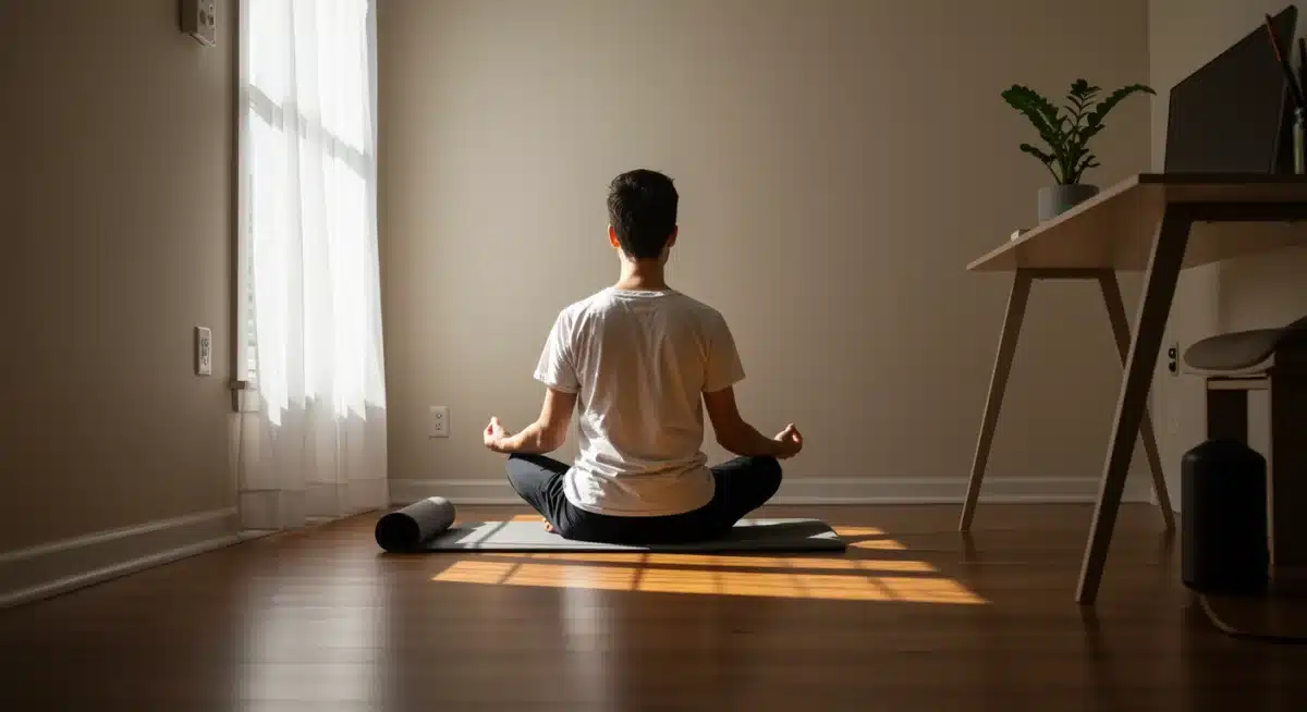 Individual practicing mindfulness meditation in a quiet home office.