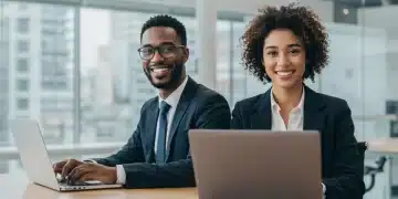 Two professionals demonstrating proactive mental wellness in a modern office environment.