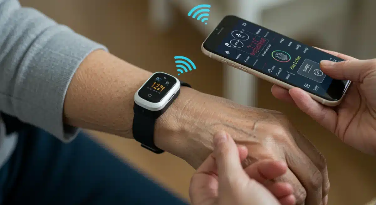 Elderly individual wearing a wearable device for remote monitoring, with caregiver checking health data on a smartphone.