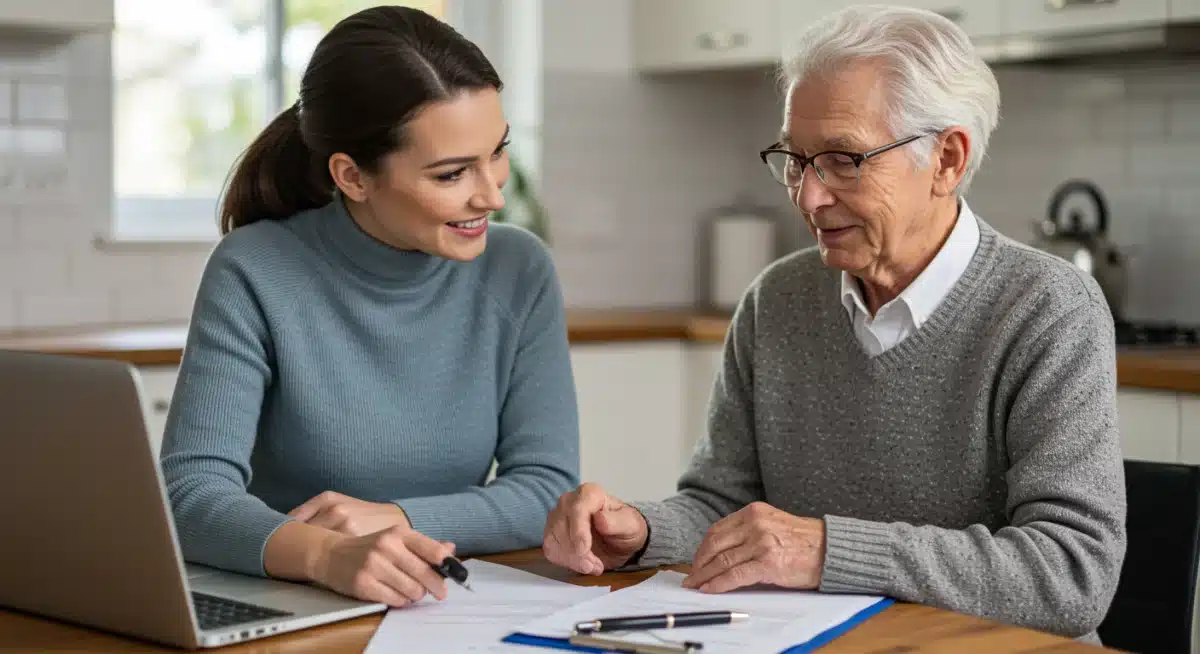 Caregiver and senior discussing Medicare documents
