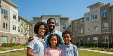 Happy family in front of modern affordable housing complex