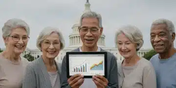 Seniors optimistically viewing financial data, representing maximized Social Security benefits.