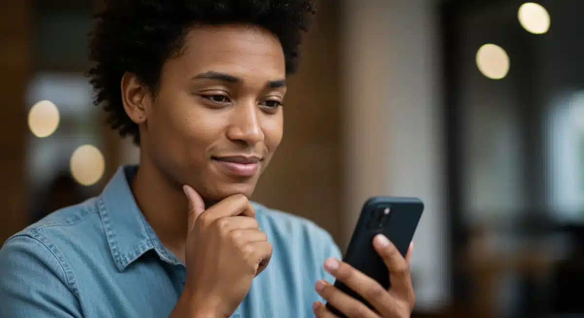 Individual mindfully engaging with a smartphone, practicing conscious digital interaction