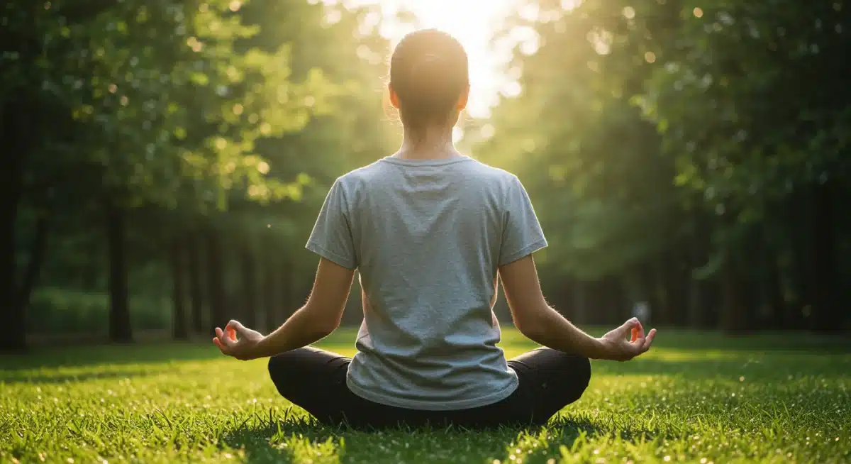 Person meditating in a serene green environment for stress relief and cognitive recovery.