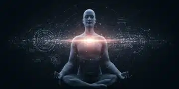 Person meditating peacefully with digital elements in the background, symbolizing digital mindfulness