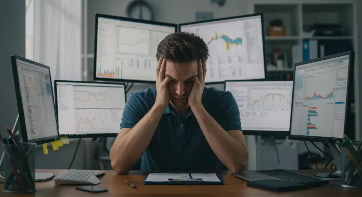 Overwhelmed person struggling with focus and decision-making at a desk due to stress.