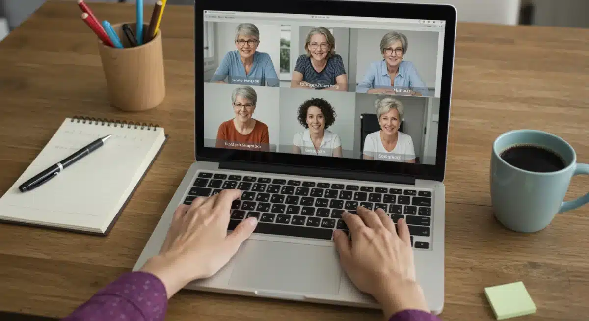 Caregivers connecting in a virtual support group, highlighting online resources.