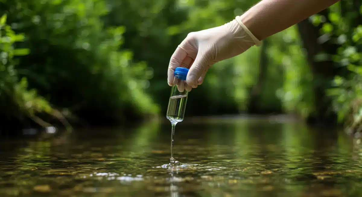 Scientist collecting water sample for environmental health analysis