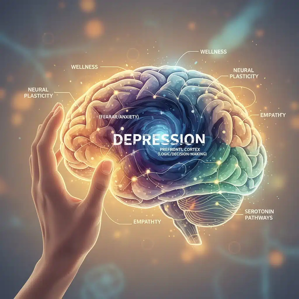 Illustrated brain with emotional centers highlighted, representing mental health and depression.