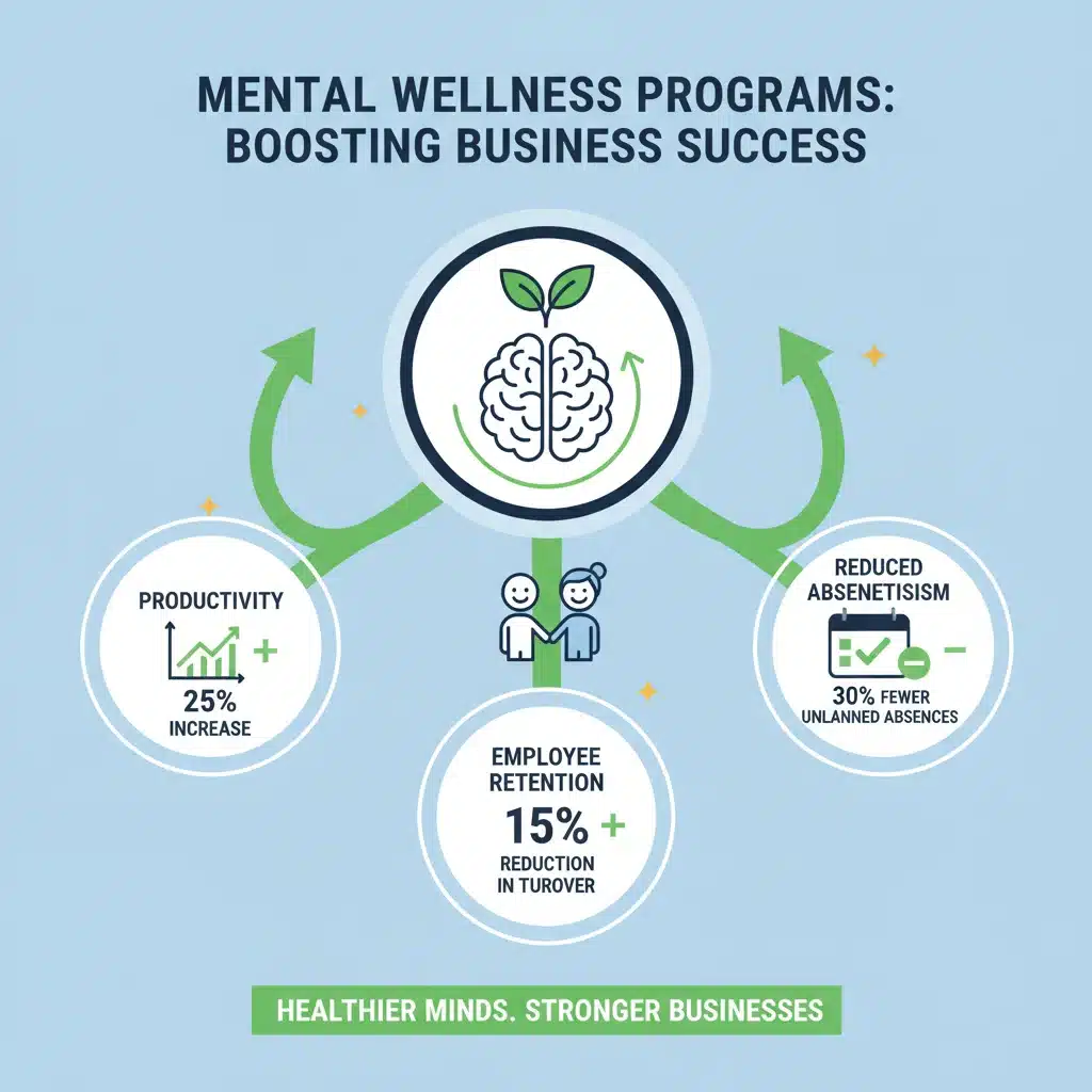 Infographic showing business benefits of mental wellness programs