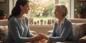 Caregiver holding senior's hand, looking out window, highlighting thoughtful long-term care planning