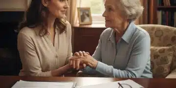 Caregiver and senior reviewing Power of Attorney documents