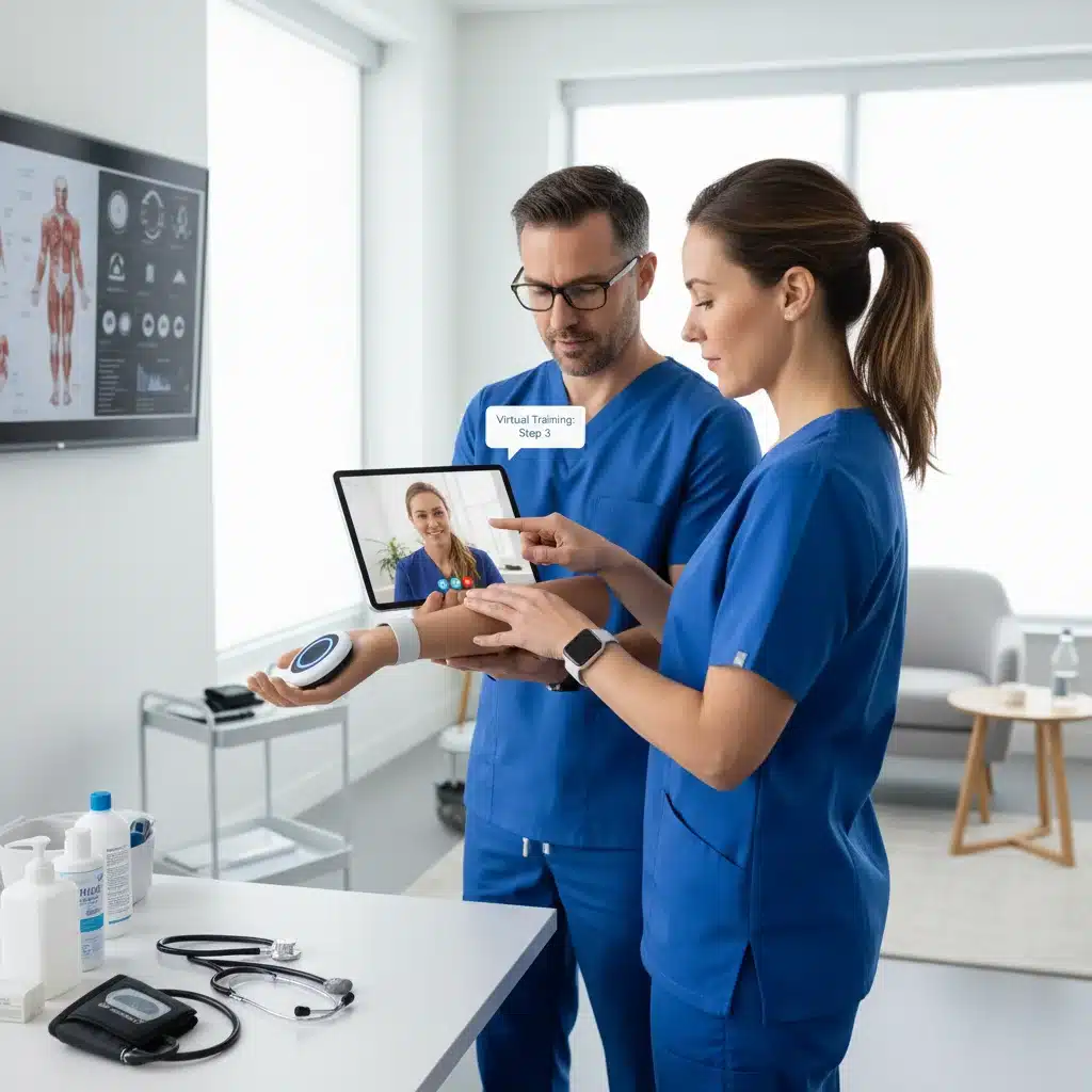 Caregivers training with wearable health tech, one remotely observing via tablet, illustrating advanced care education.